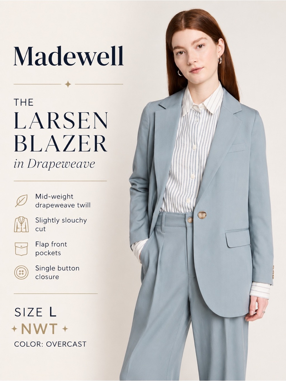 Madewell The Larsen Blazer in Drapeweave Overcast Blue Size L NWT